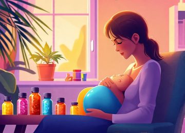 A breastfeeding mother ponders over CBD and THC gummies with baby accessories nearby, signifying the decision-making process regarding safe usage during breastfeeding.