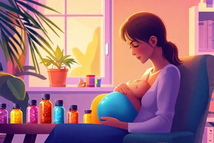 A breastfeeding mother ponders over CBD and THC gummies with baby accessories nearby, signifying the decision-making process regarding safe usage during breastfeeding.