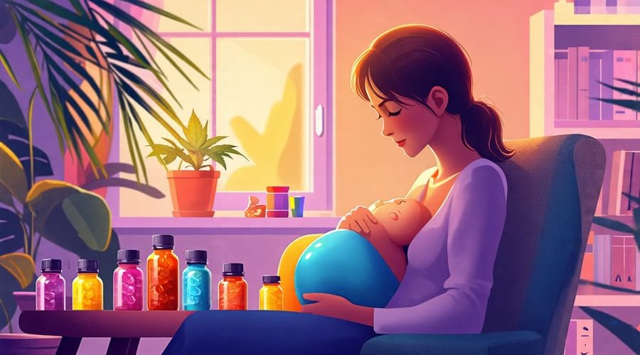 A breastfeeding mother ponders over CBD and THC gummies with baby accessories nearby, signifying the decision-making process regarding safe usage during breastfeeding.