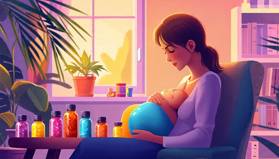 A breastfeeding mother ponders over CBD and THC gummies with baby accessories nearby, signifying the decision-making process regarding safe usage during breastfeeding.