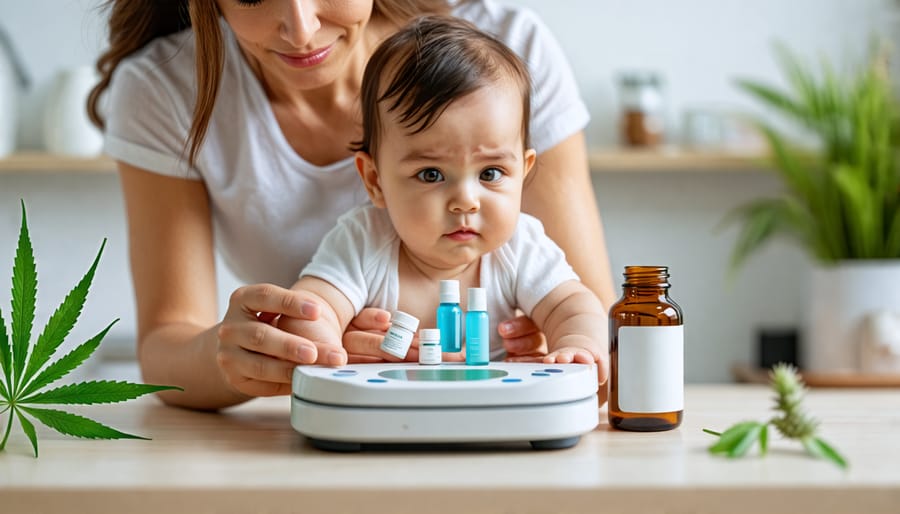 Mother considering CBD products next to baby essentials, signifying decision-making