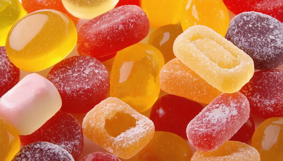 Various colorful freeze-dried candies on a bright background