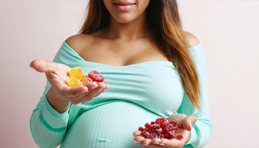 Pregnant woman holding freeze-dried candy and looking at different candy options