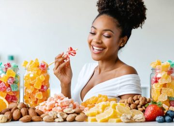 A joyful pregnant woman savors an assortment of colorful freeze-dried candies, symbolizing safe and satisfying sweet cravings during pregnancy.