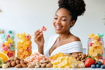 A joyful pregnant woman savors an assortment of colorful freeze-dried candies, symbolizing safe and satisfying sweet cravings during pregnancy.