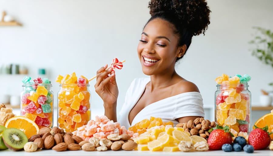 A joyful pregnant woman savors an assortment of colorful freeze-dried candies, symbolizing safe and satisfying sweet cravings during pregnancy.