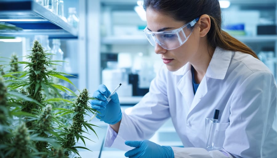 Scientist analyzing CBD research results in a laboratory setting