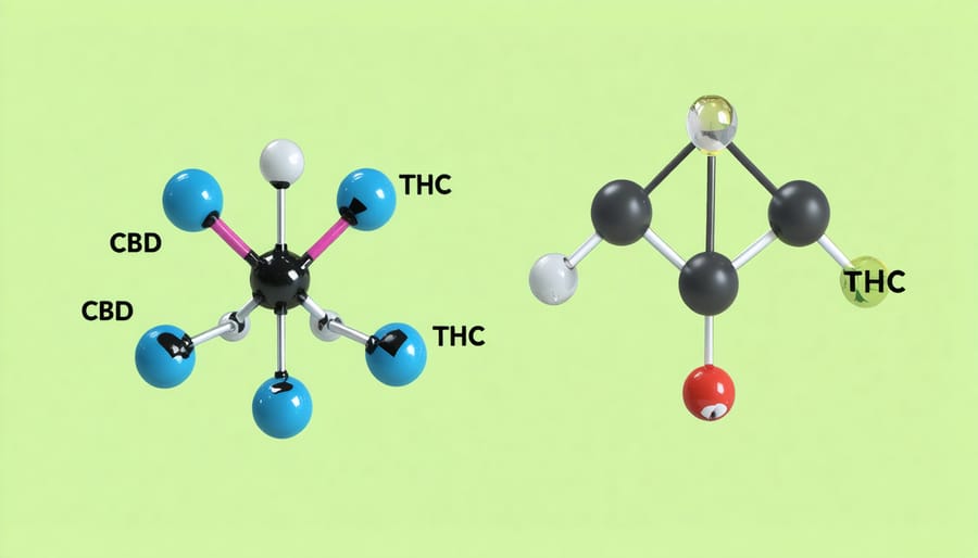 Scientific illustration comparing the molecular structures of CBD and THC compounds